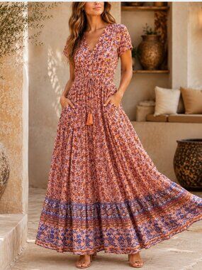 Caroline Morgan Australia Floral Button Front Maxi Dress M Boho Cottagecore EUC